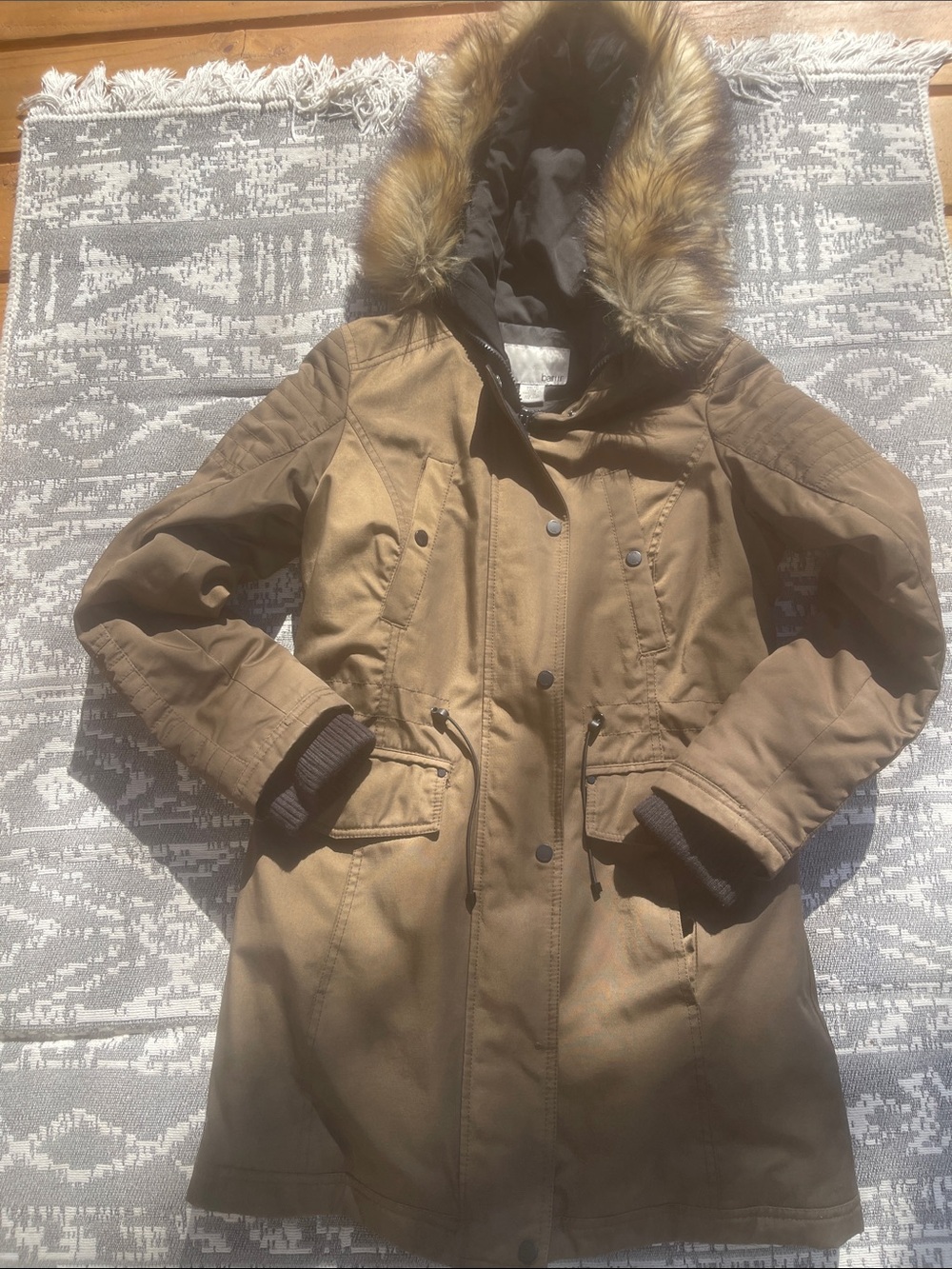 Bar III Women's Hooded Parka Coat with Faux-Fur Trim - Brown